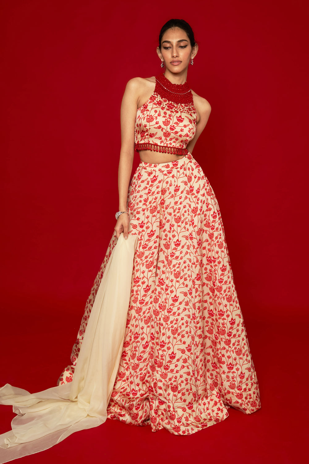 Cream & Red Lehenga Set