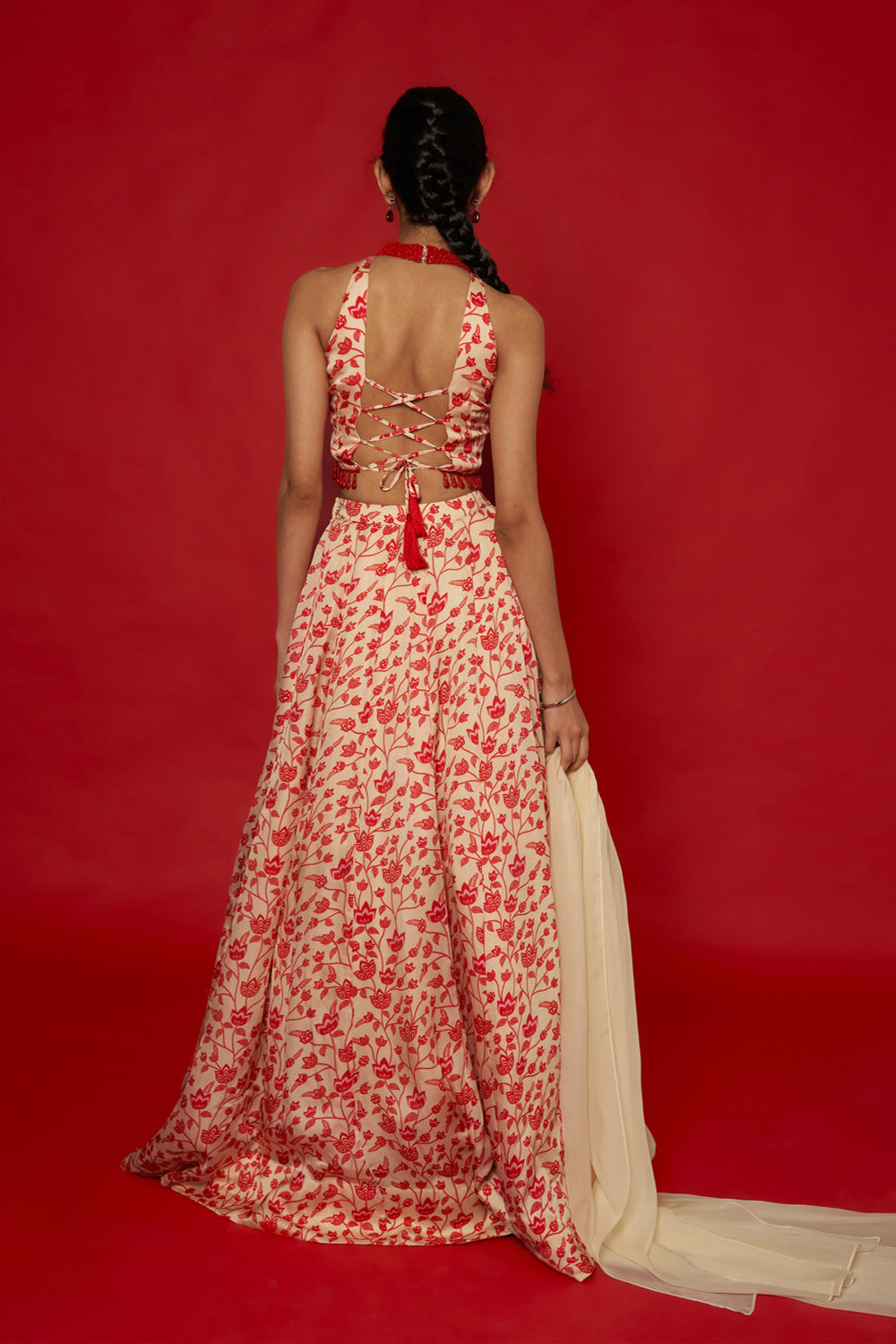 Cream & Red Lehenga Set