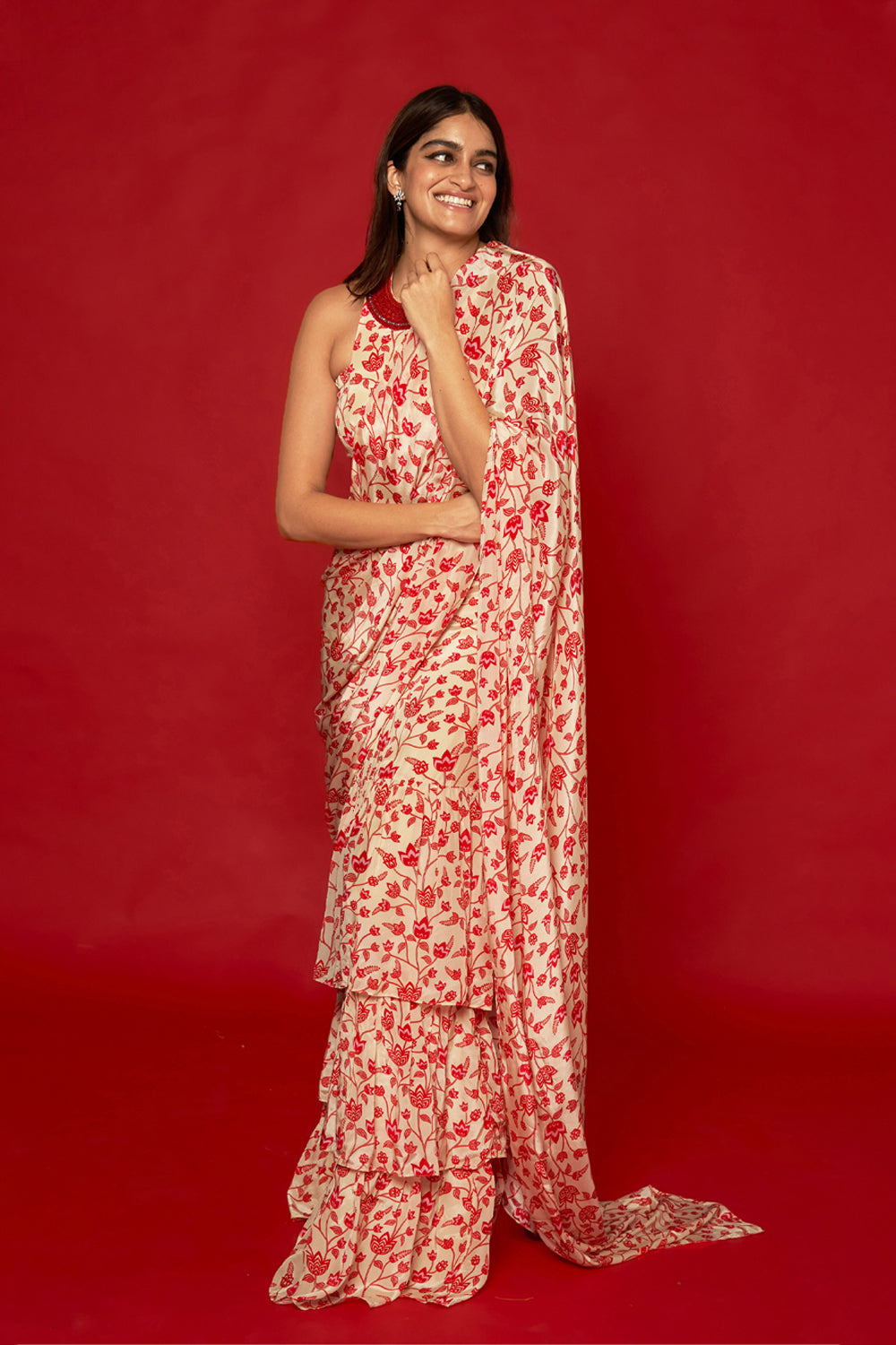 Cream & Red Ruffle Saree