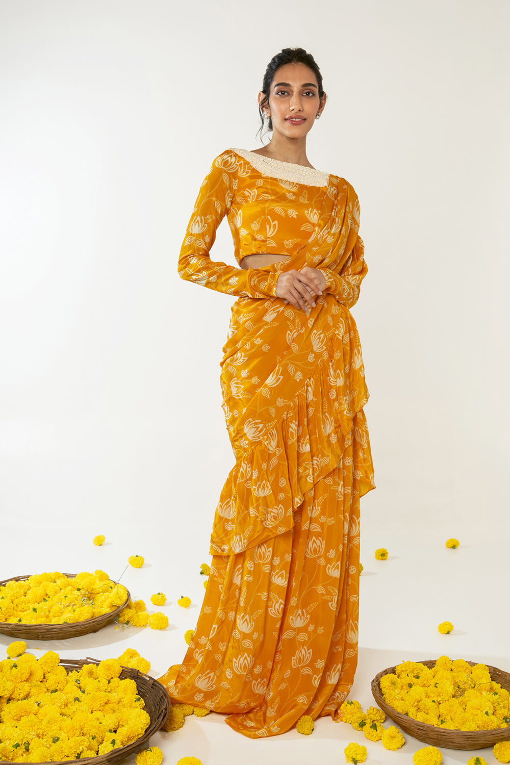 Mustard & White Ruffle Saree