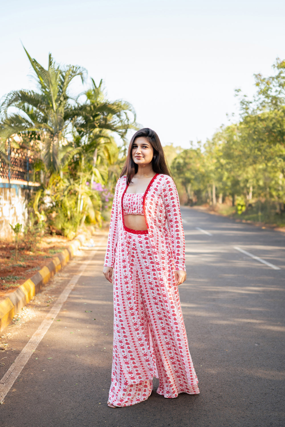 White, Red & Pink Floral Stripes Cape Set