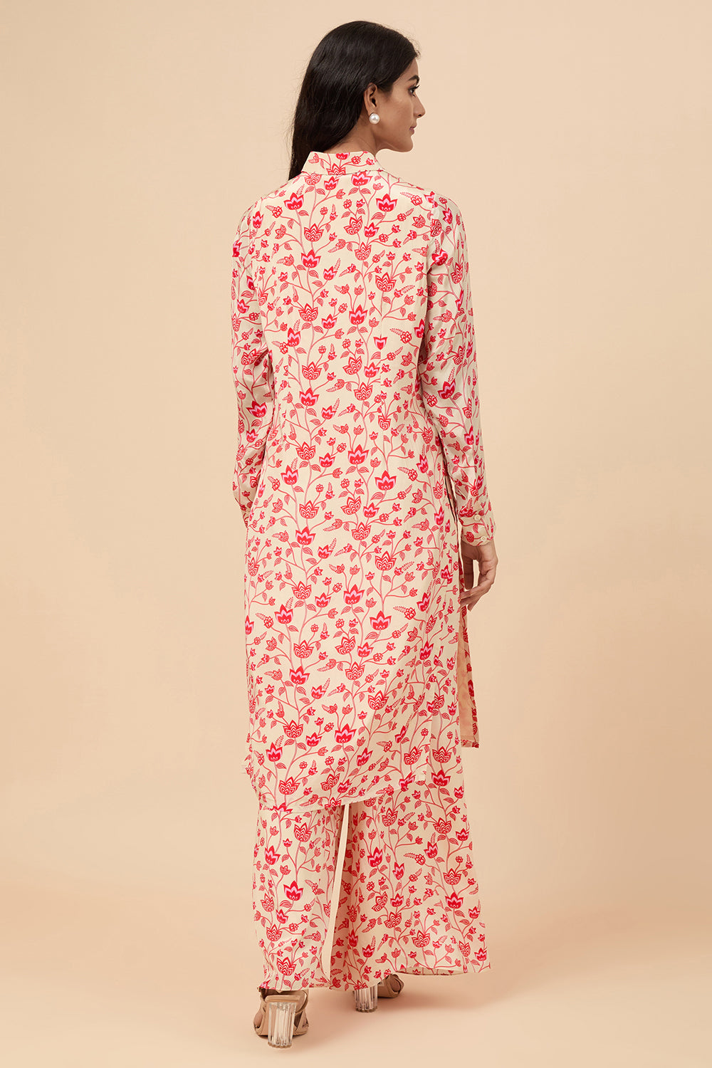 Cream And Red Floral Long Shirt Co-Ord