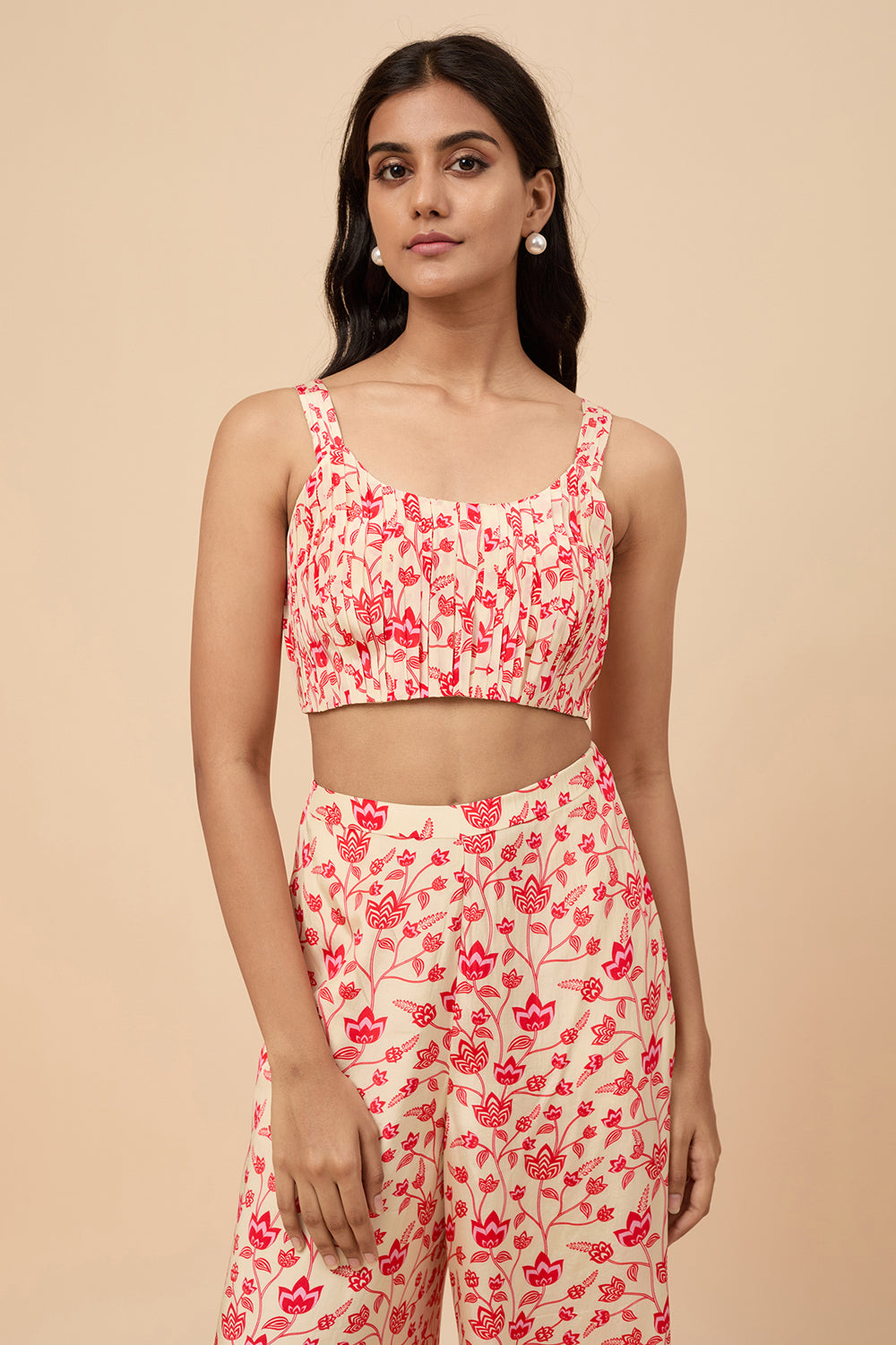 Cream And Red Crop Top Co-Ord