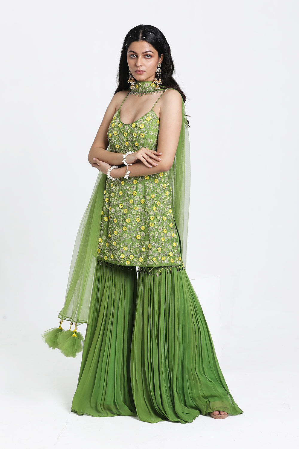 Amyra Dastur in Green Straight Suit With Geather Garara & Dupatta Set