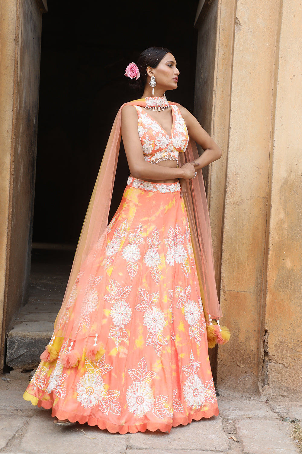 Upasana Borao in Peach- Yellow Tie-Dye Lehenga Set With Choker Dupatta