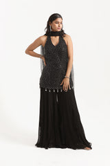 Gargi Singh in Black Halter Neck Straight Suit With Inserted Sharara Set