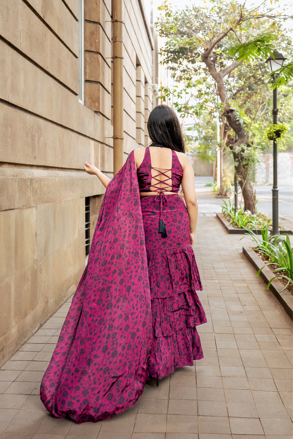 Berry Ruffle Saree With High Neck Blouse