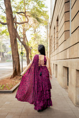 Berry Ruffle Saree With High Neck Blouse