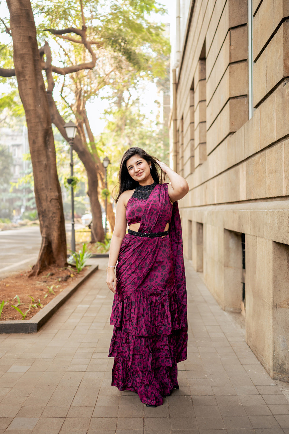 Berry Ruffle Saree With High Neck Blouse