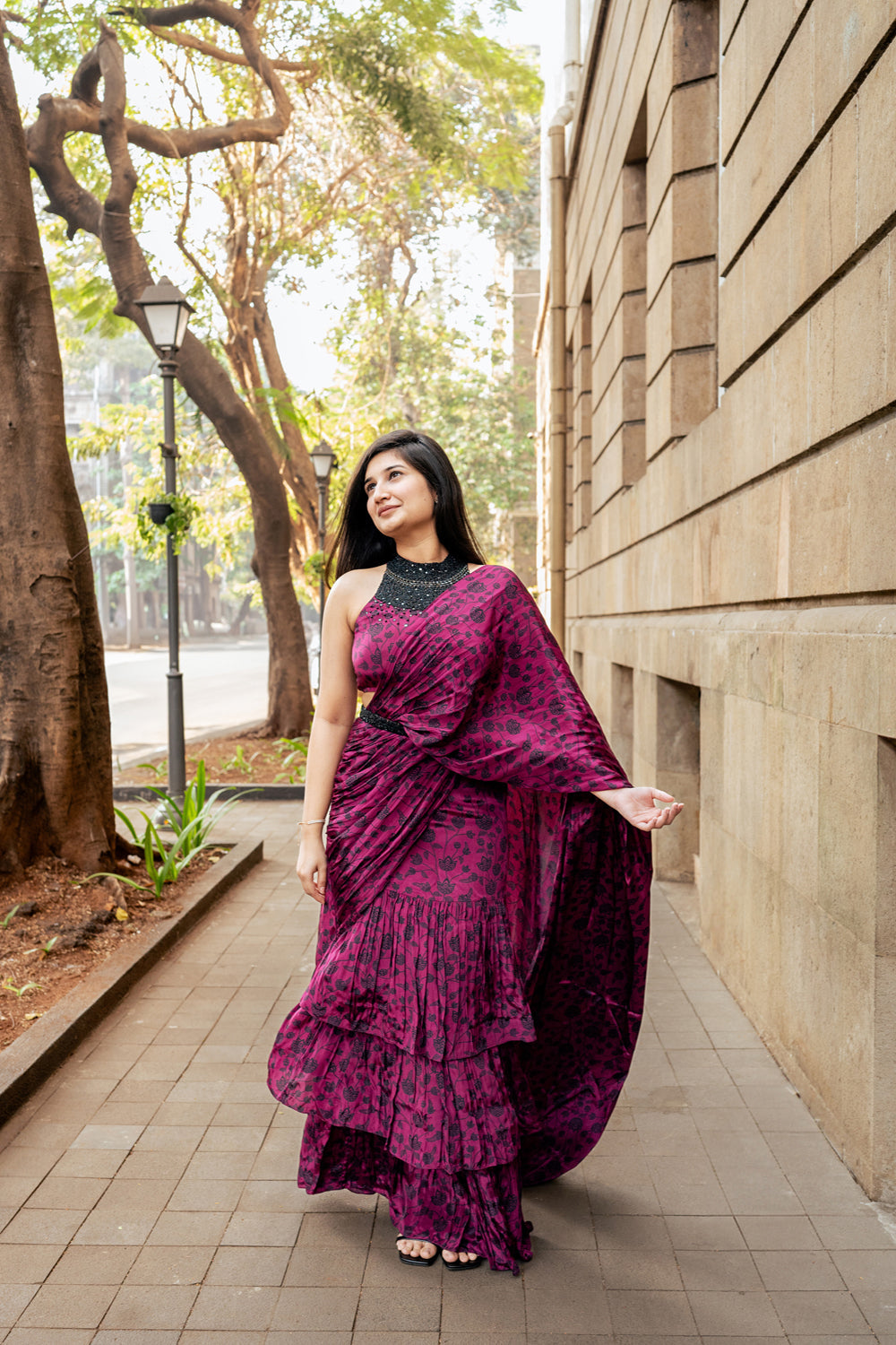 Berry Ruffle Saree With High Neck Blouse