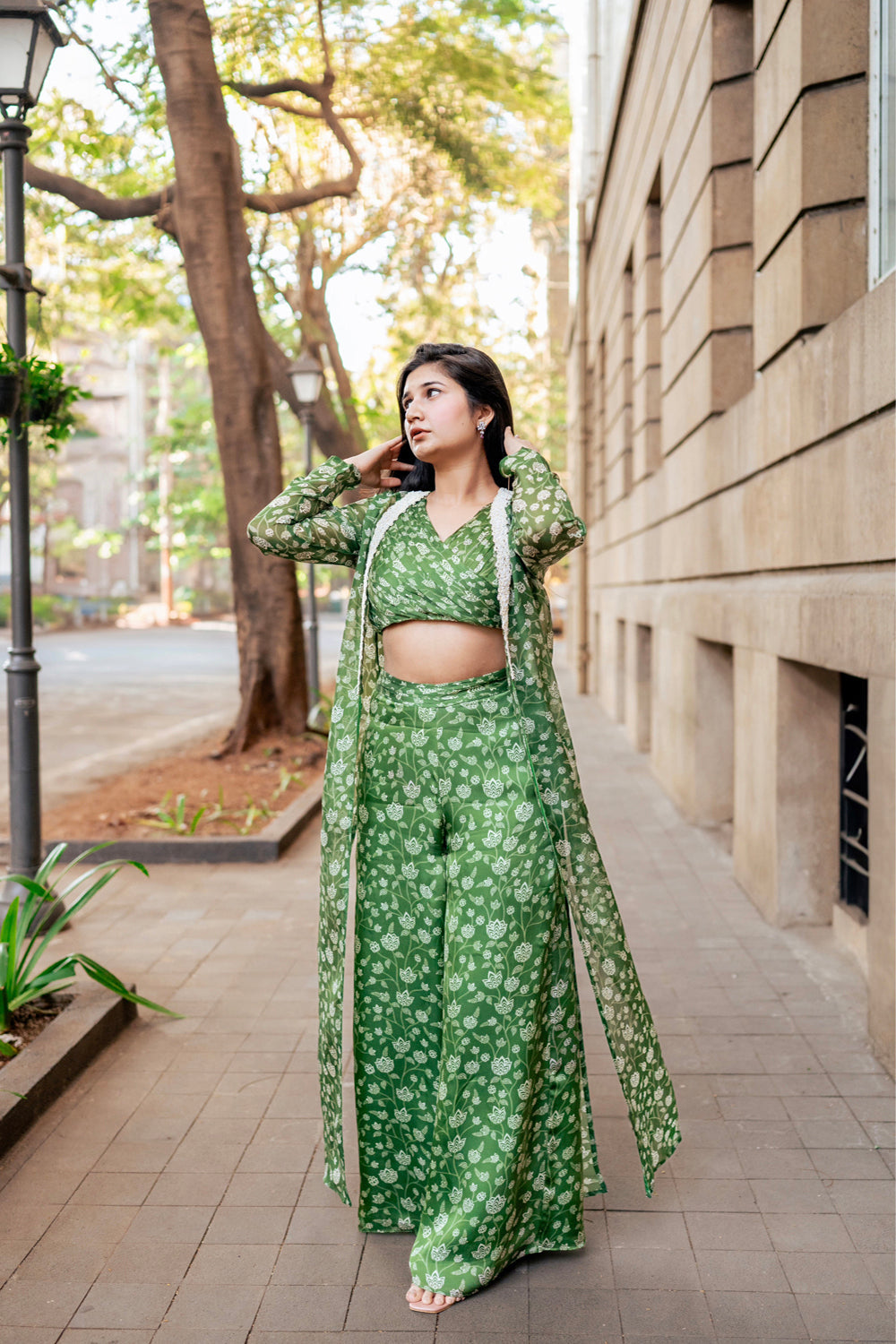 Olive Green Hand-Pleated Crop Top And Jacket Set