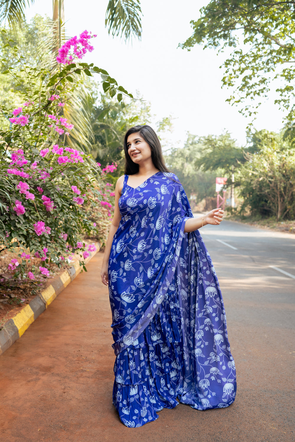 Violet Lotus Print Ruffle Saree