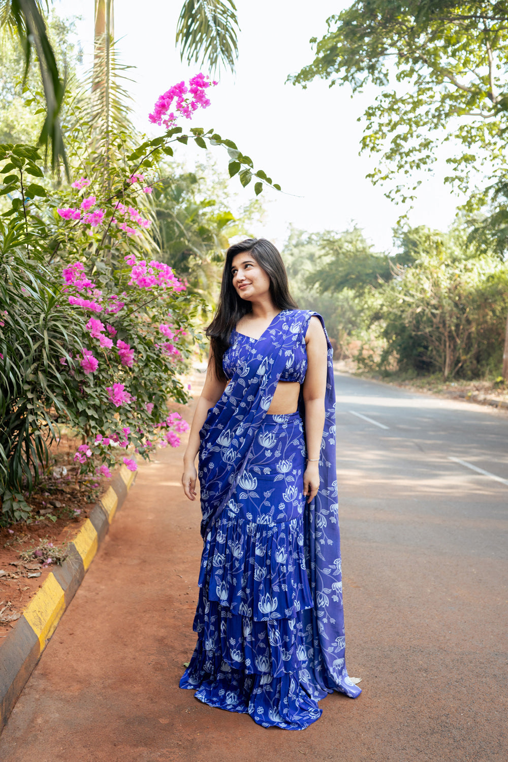 Violet Lotus Print Ruffle Saree