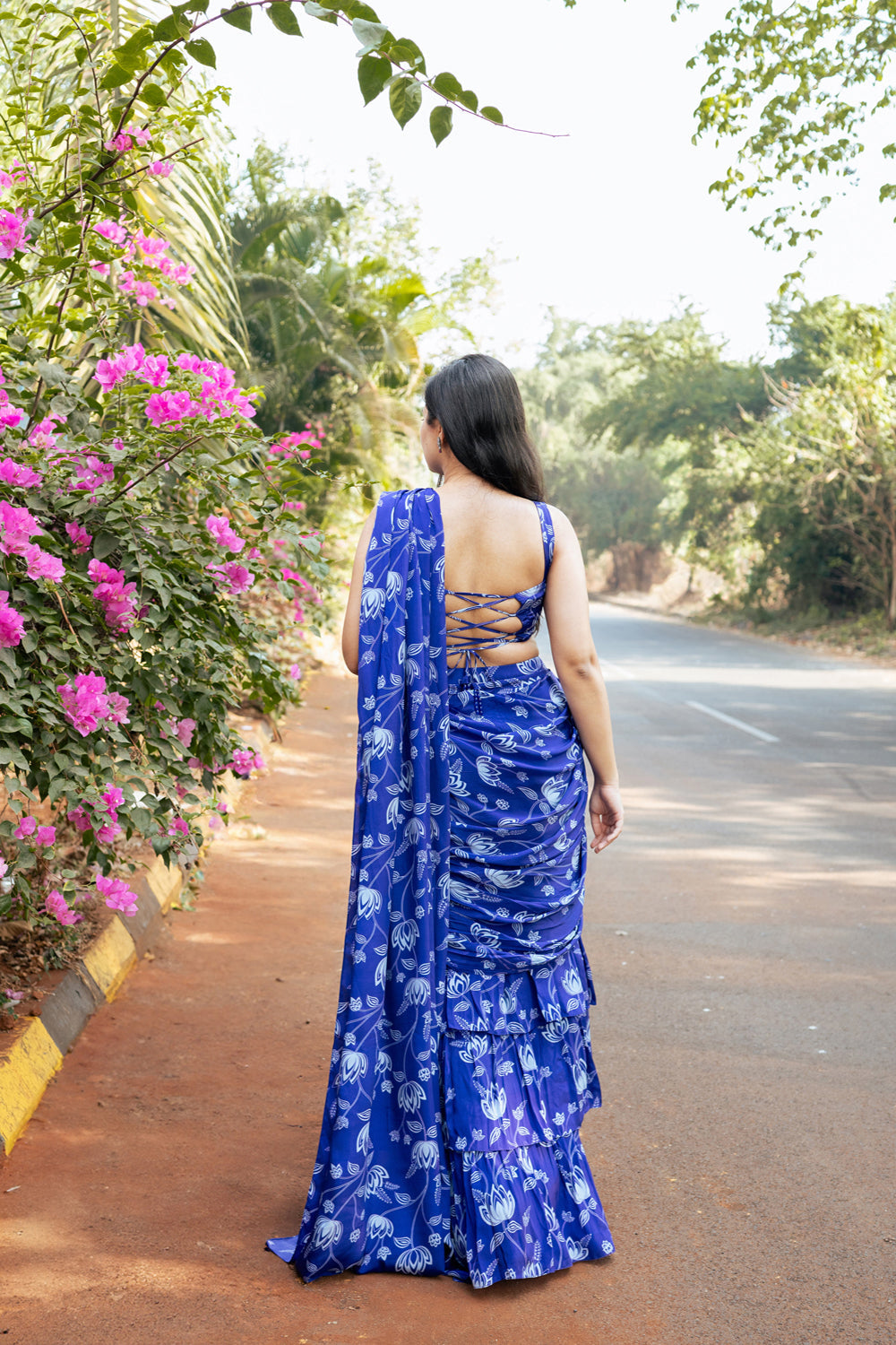 Violet Lotus Print Ruffle Saree