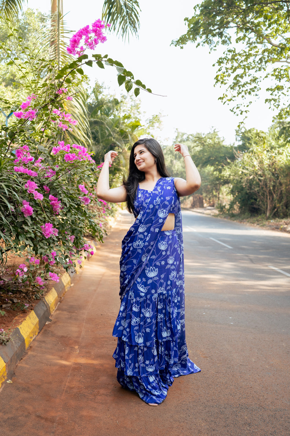 Violet Lotus Print Ruffle Saree