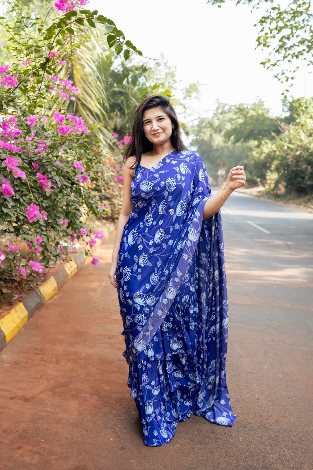 Violet Lotus Print Ruffle Saree