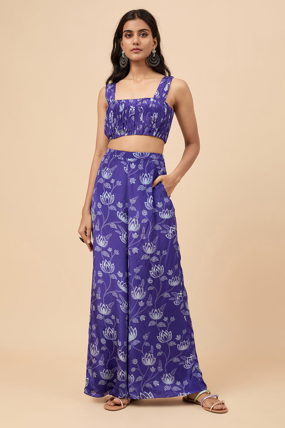 Violet Lotus Print Crop Top & Trousers Co-Ord