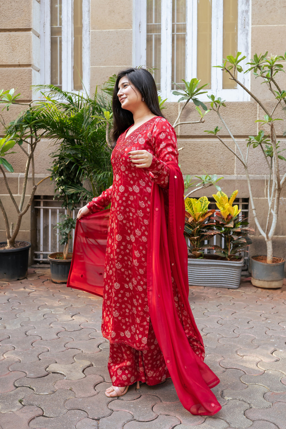 Red Floral Kurta Set