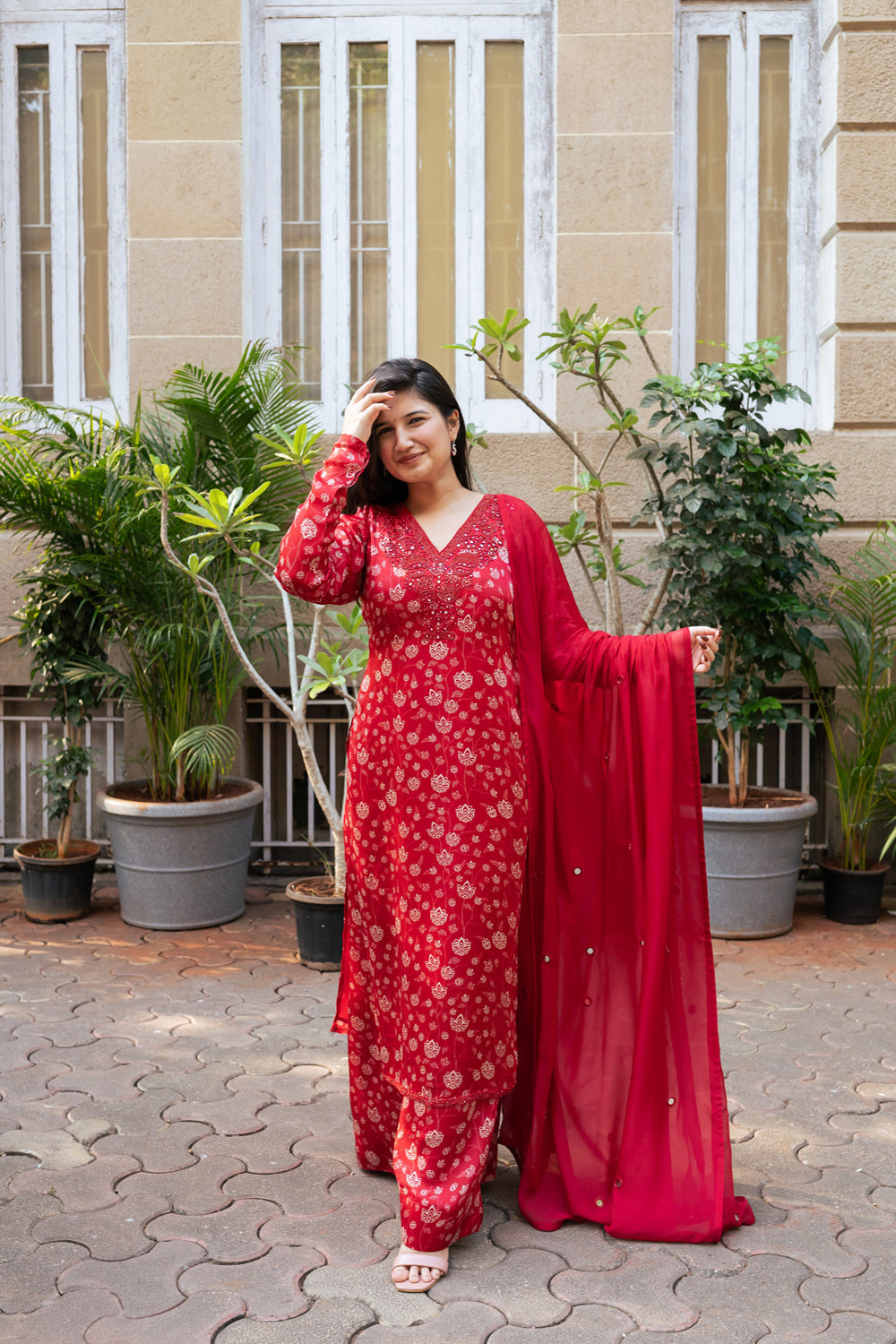 Red Floral Kurta Set