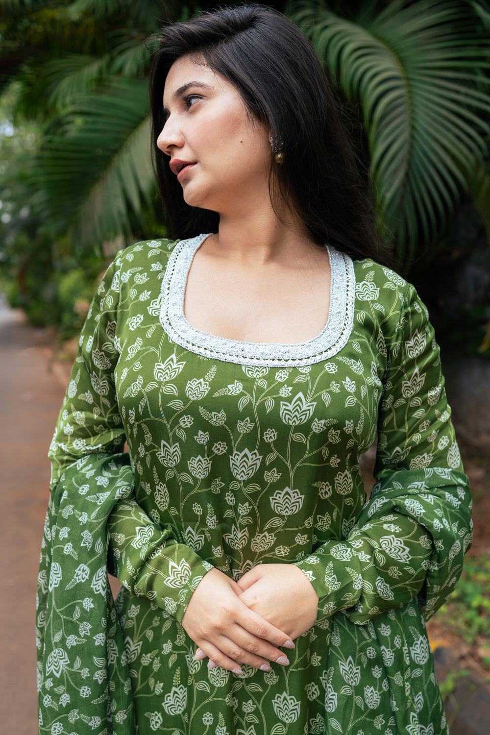 Olive Green Floral Kurta Set