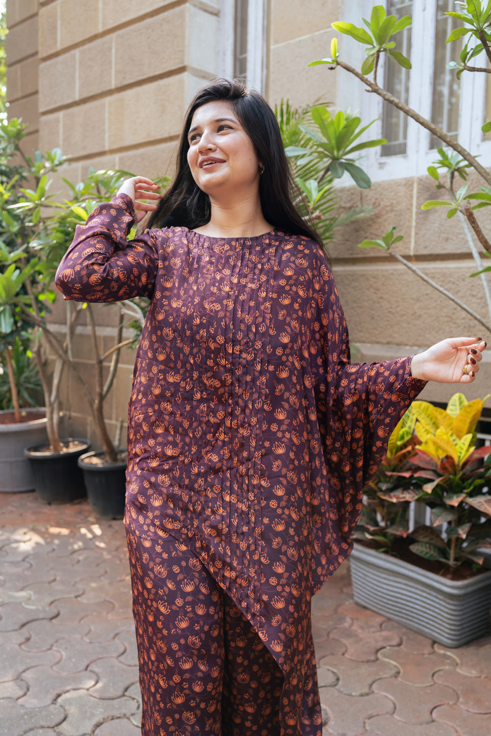 Brown Co-Ord Set With Assymetric Tunic