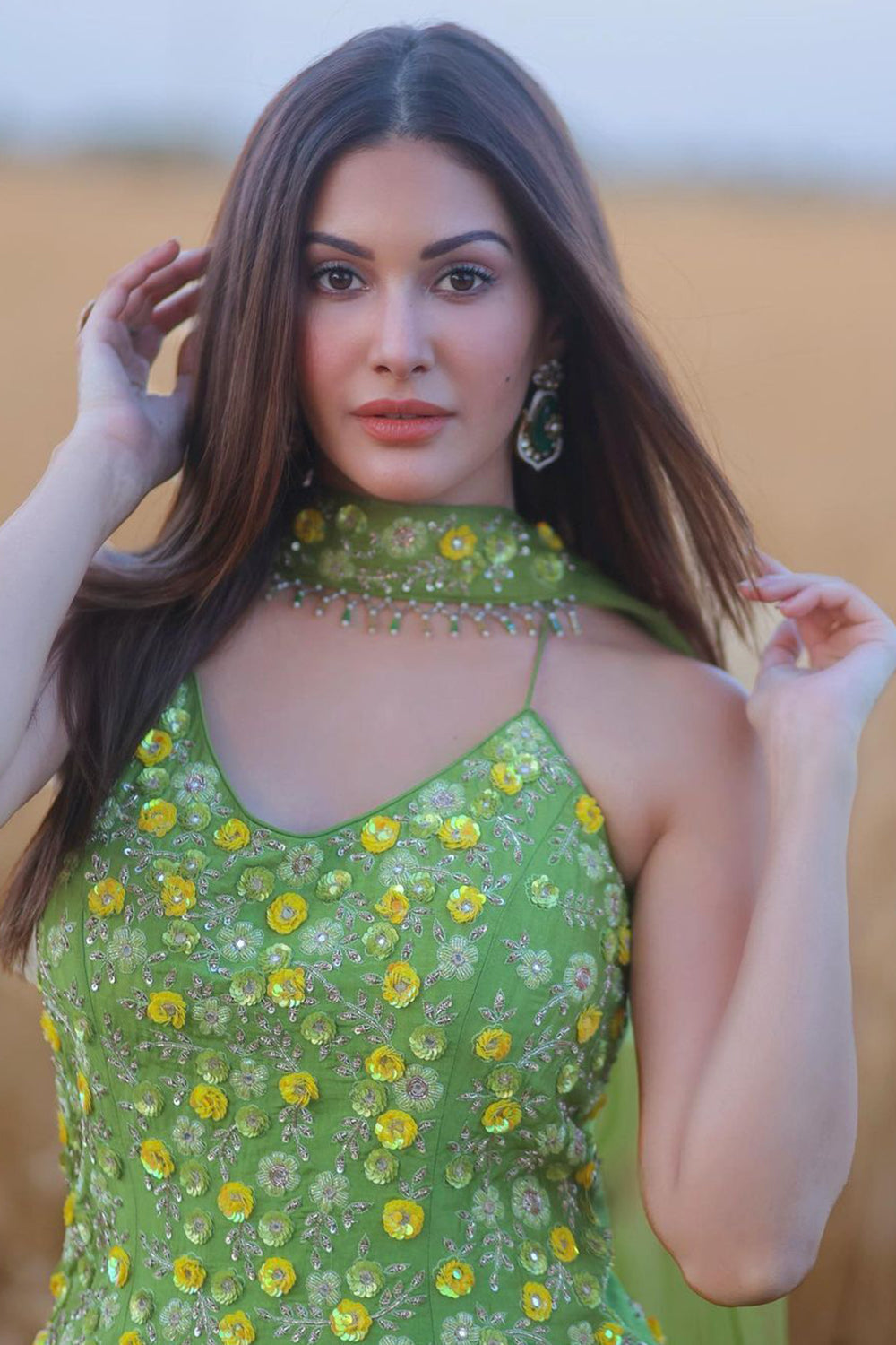 Amyra Dastur in Green Straight Suit With Geather Garara & Dupatta Set