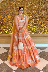 Upasana Borao in Peach- Yellow Tie-Dye Lehenga Set With Choker Dupatta