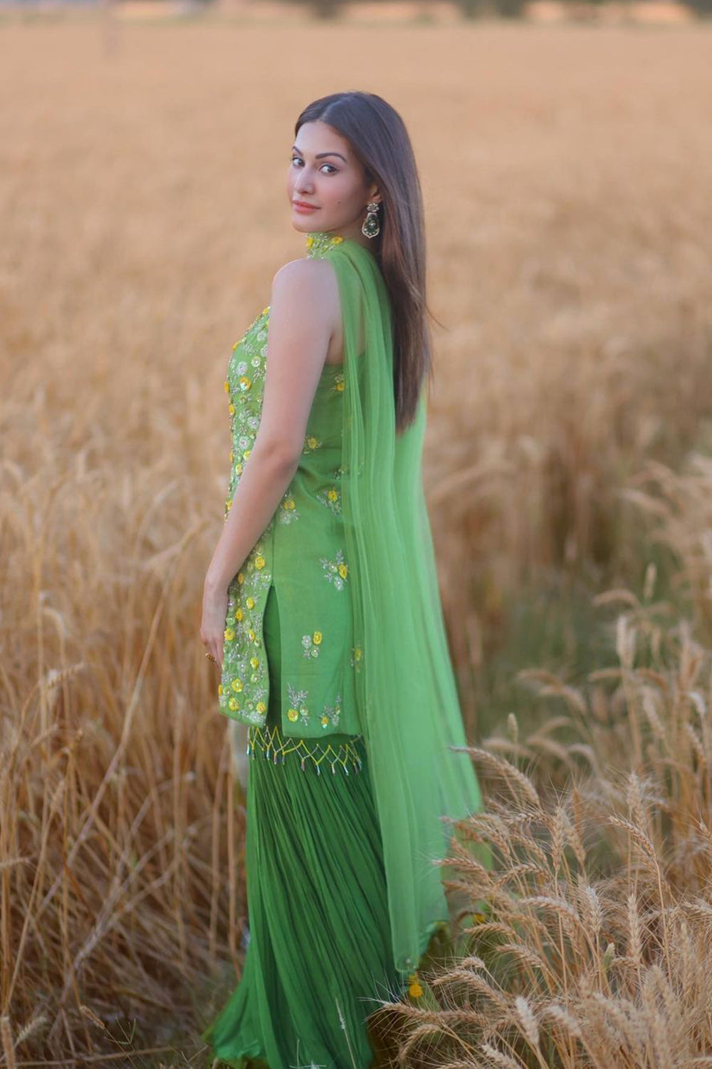 Amyra Dastur in Green Straight Suit With Geather Garara & Dupatta Set