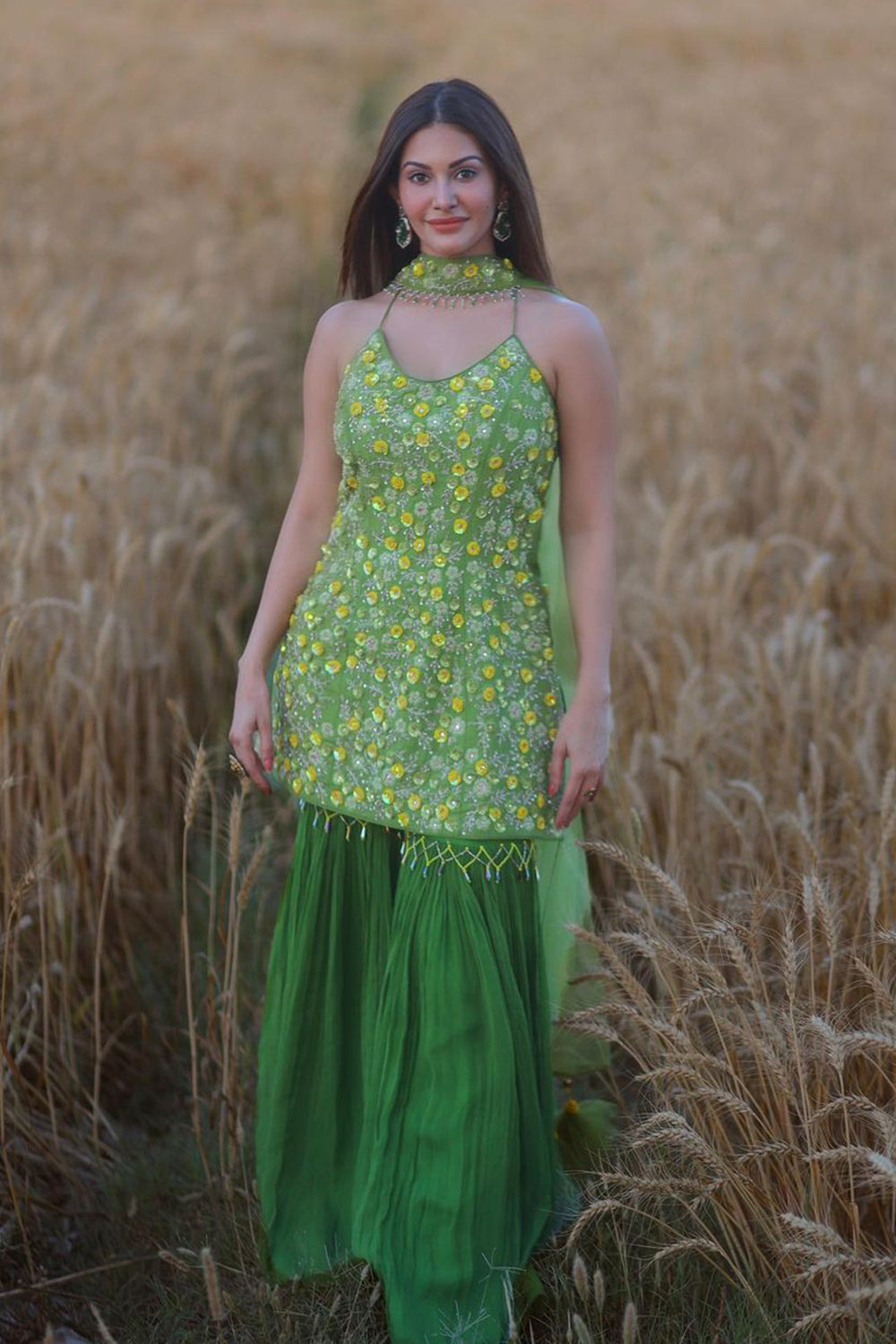 Amyra Dastur in Green Straight Suit With Geather Garara & Dupatta Set