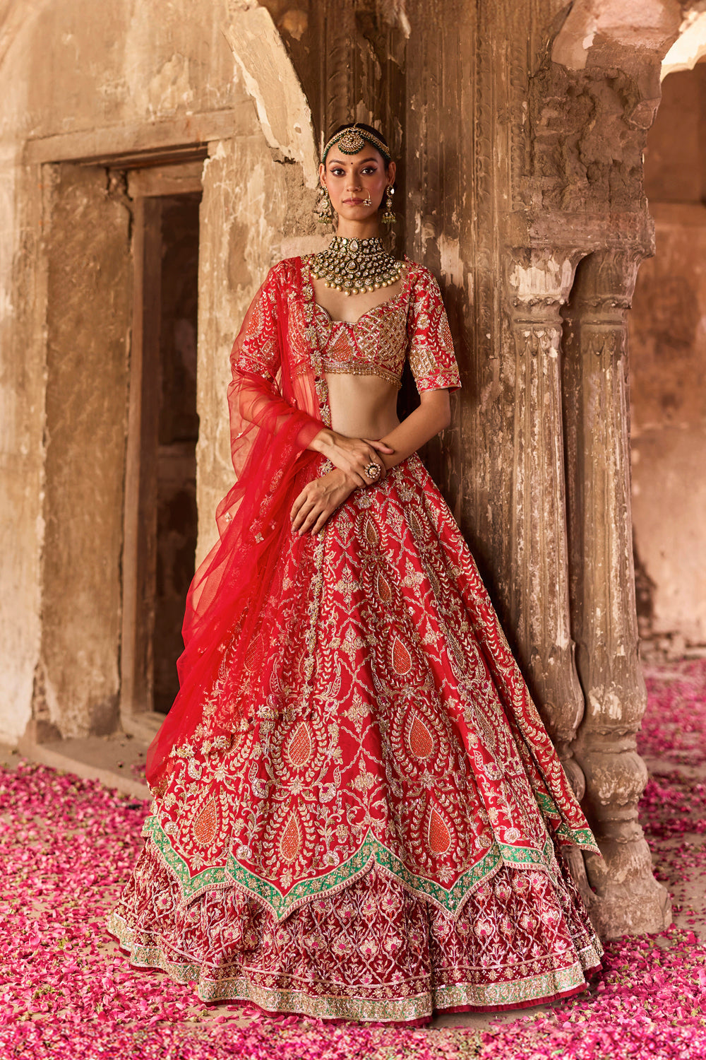 "Agasthi" Red Raw Silk Zardosi Embroidered Double Layer Bridal Lehenga Set