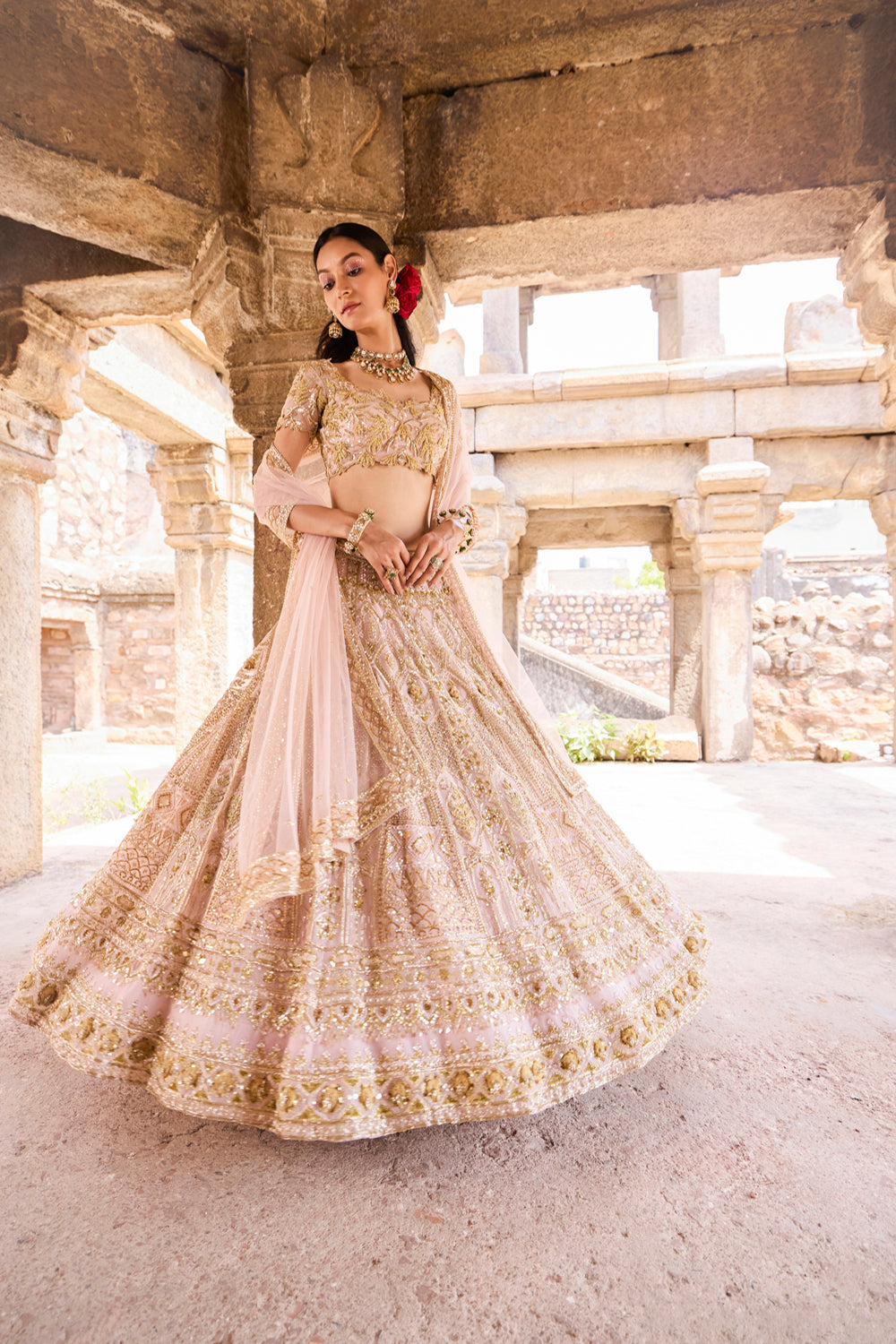 "Amara" Onion Pink Zardosi And Sequin Embroidered Organza  Lehengas