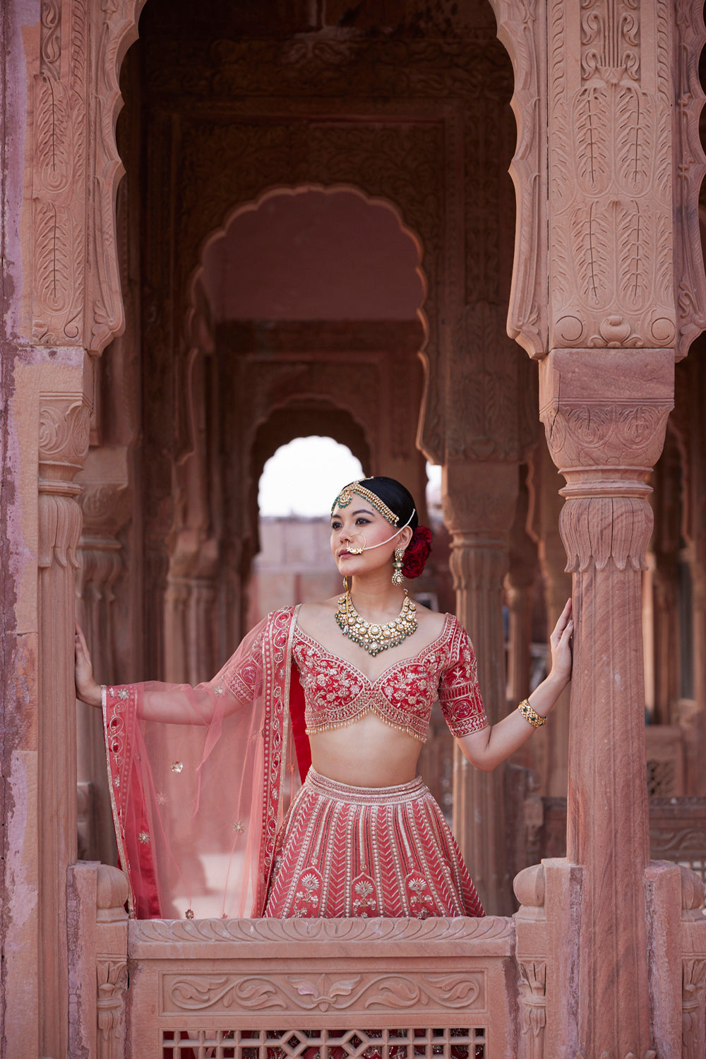 "Anamika" Coral Zardosi Hand Embroidered Bridal Lehenga Set