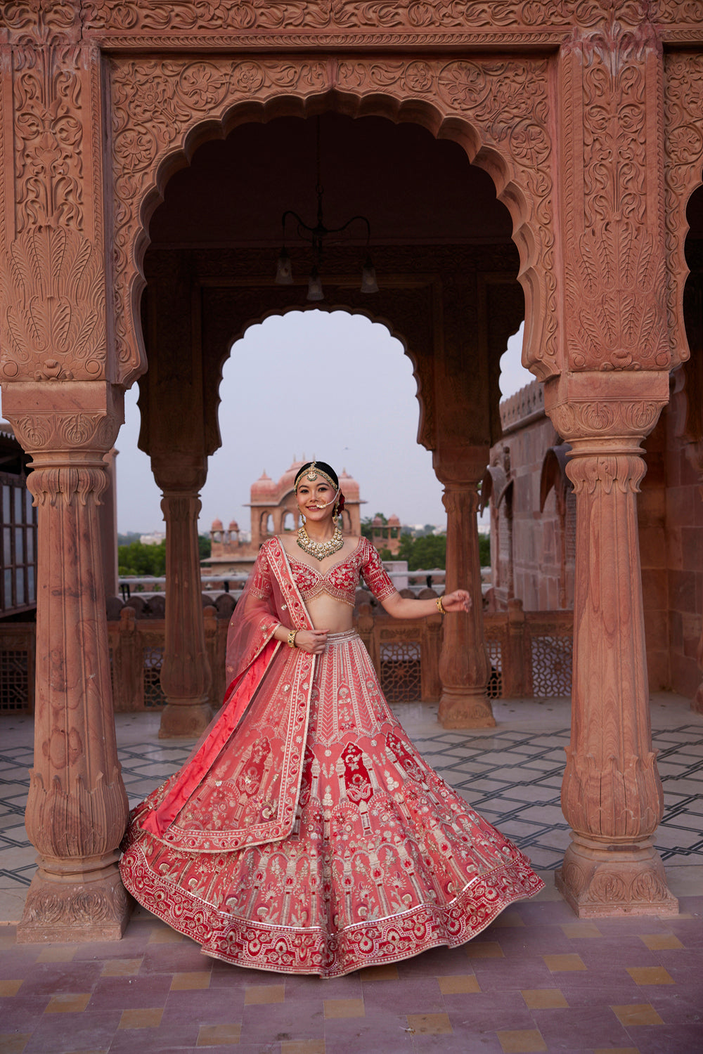 "Anamika" Coral Zardosi Hand Embroidered Bridal Lehenga Set