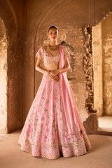 "Ananti" Pink & Golden Floral And Scallop Zardosi Embroidered Lehenga Set