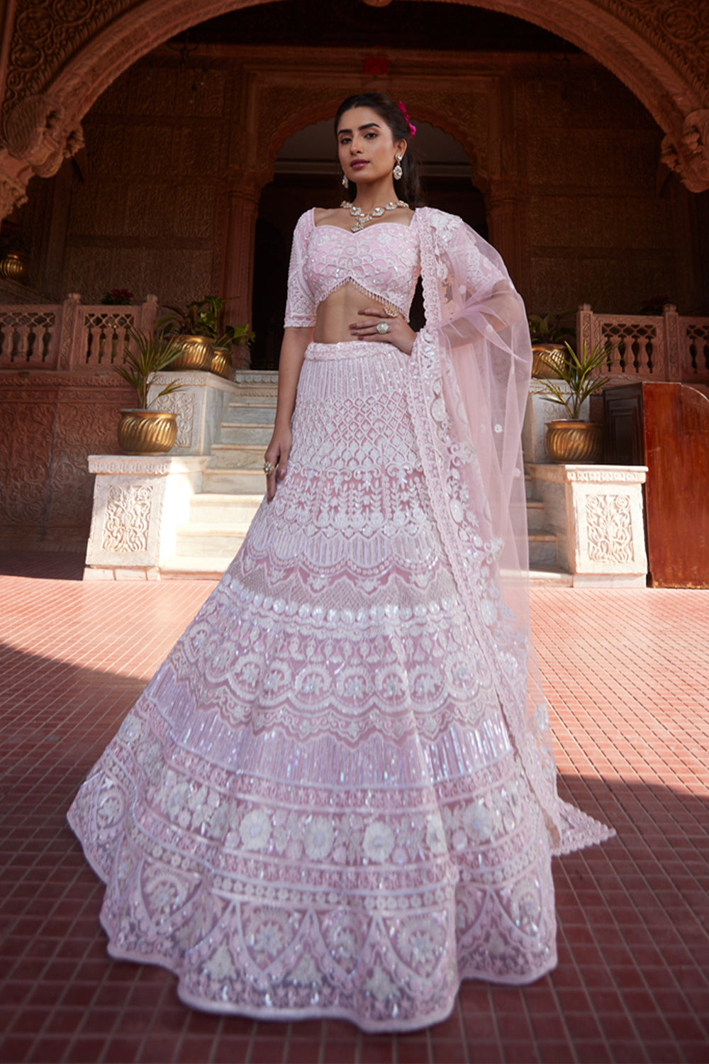 "Arya" Blush Pink And Ivory Resham Kashmiri Embroidered Lehenga Set