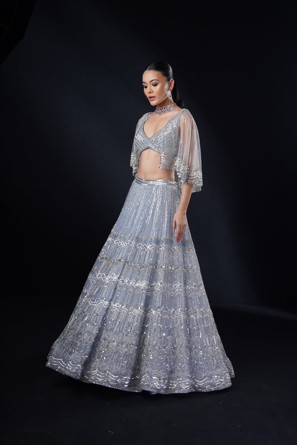 "Ira" Celestial Blue Geometric Lehenga Set With Cape