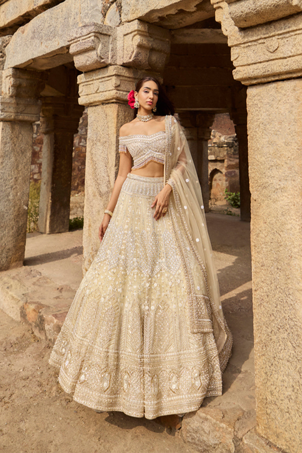 "Celine" Silver Golden Hand Embroidered  Lehengas With Offshoulder Blouse