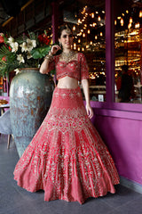 "Charlotte" Red Raw Silk Zardosi Embroidered Bridal Lehenga Set