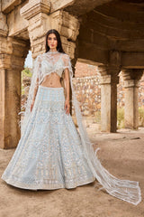 "Elisa" Pearl Work Blue Hand Embroidered  Lehengas With Feathered Cape