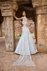 "Elisa" Pearl Work Blue Hand Embroidered  Lehengas With Feathered Cape