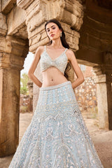 "Elisa" Pearl Work Blue Hand Embroidered  Lehengas With Feathered Cape