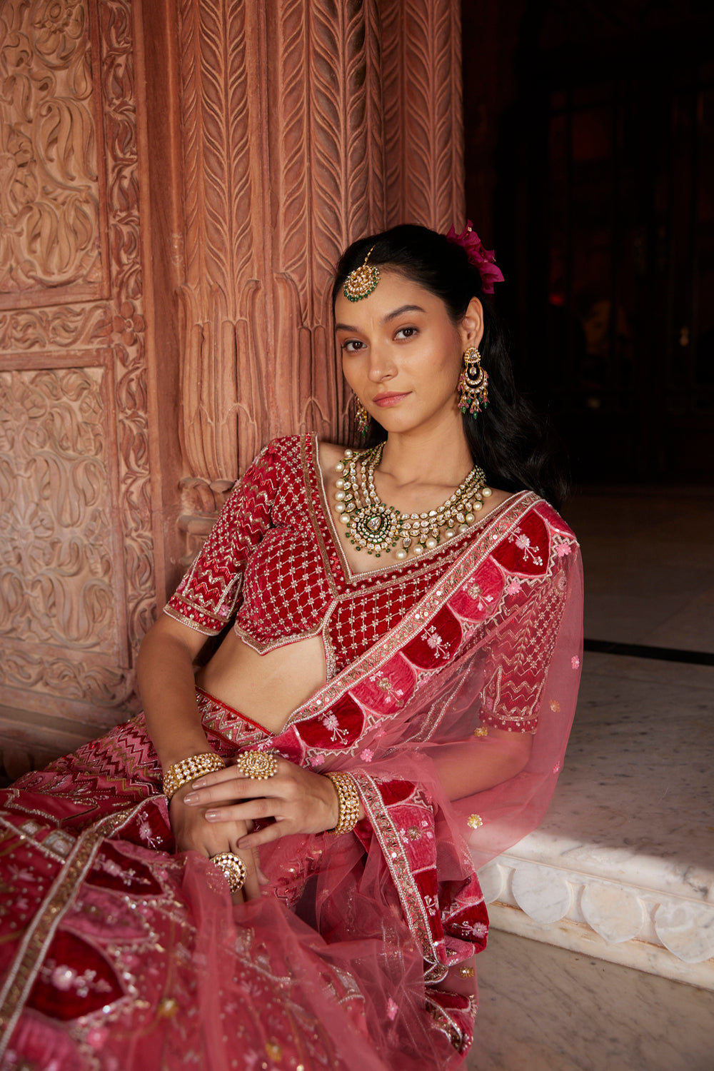 "Enice" Pink And Red Hand Embroidered Lehenga Set