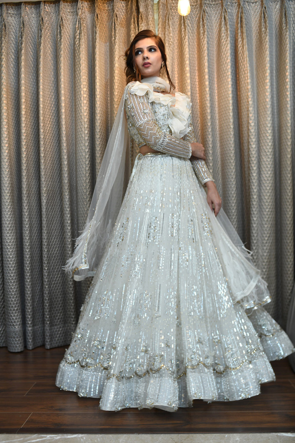 "Gabriella" Ivory Lehenga With Crystal And Sequin Hand Embroidery Lehenga Set