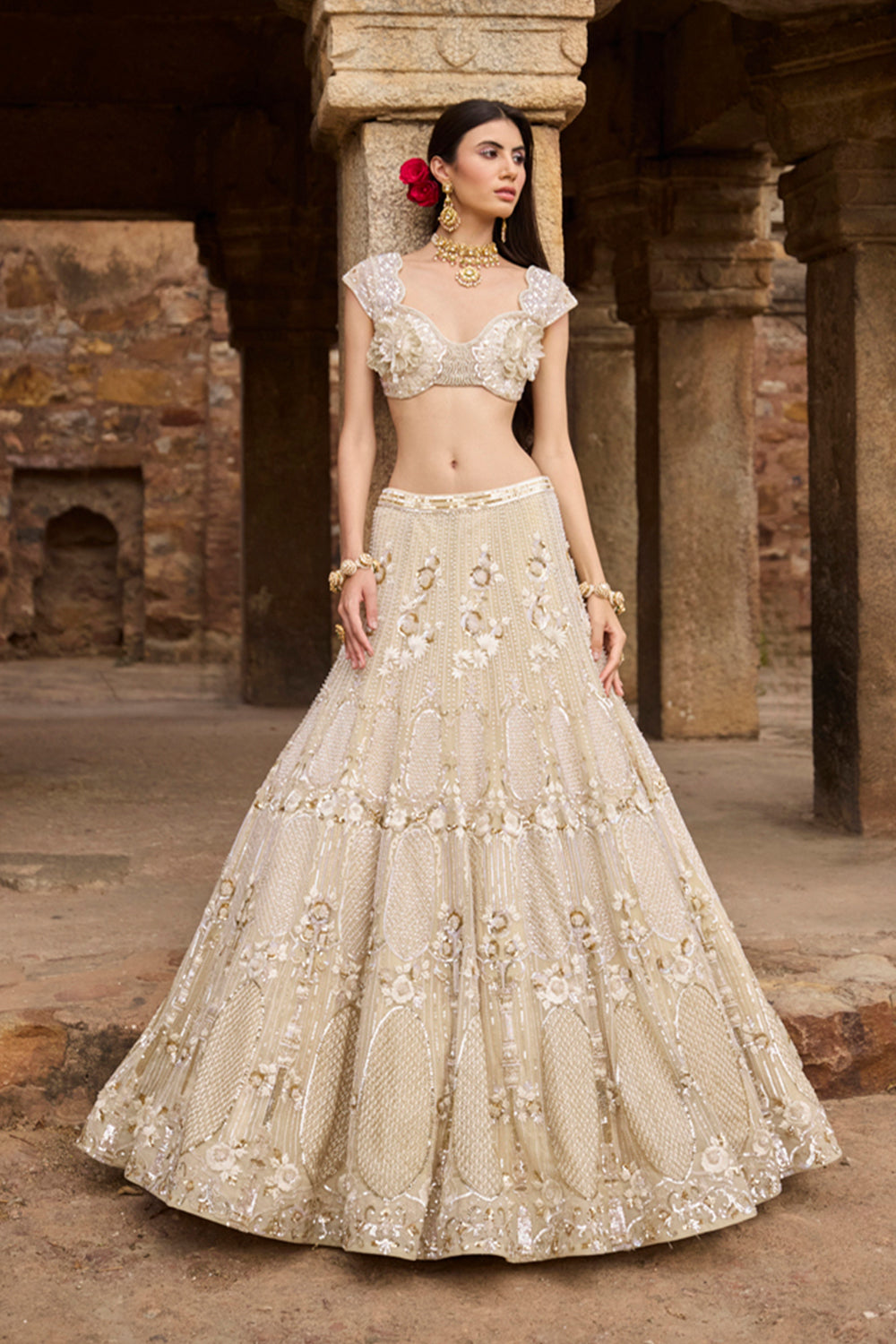 "Gaia" Golden & Ivory Resham Hand Embroidered  Lehengas