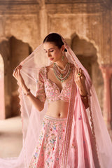 "Gaurika" Pink Zardosi & Resham Hand Embroidered Bridal Lehenga Set