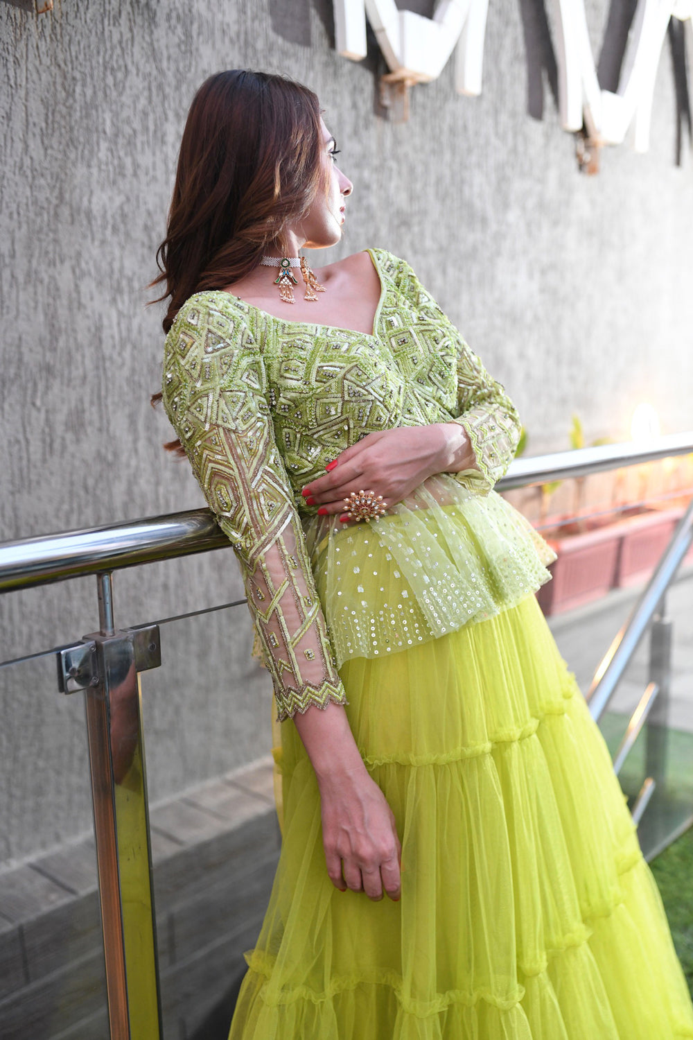 "Jacqueline" Green Peplum Blouse Lehenga Set