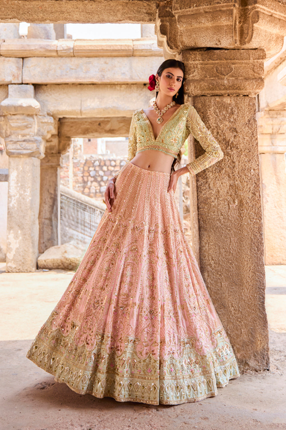 "Julia" Pastel Pink & Sea Green Zardosi And Sequin Embroidered Organza  Lehengas