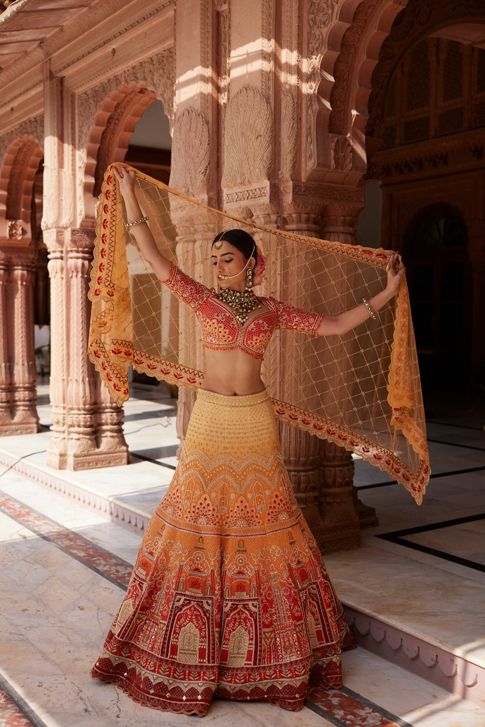 "Kesari" Shades Of Orange Ombre Bridal Lehenga Set