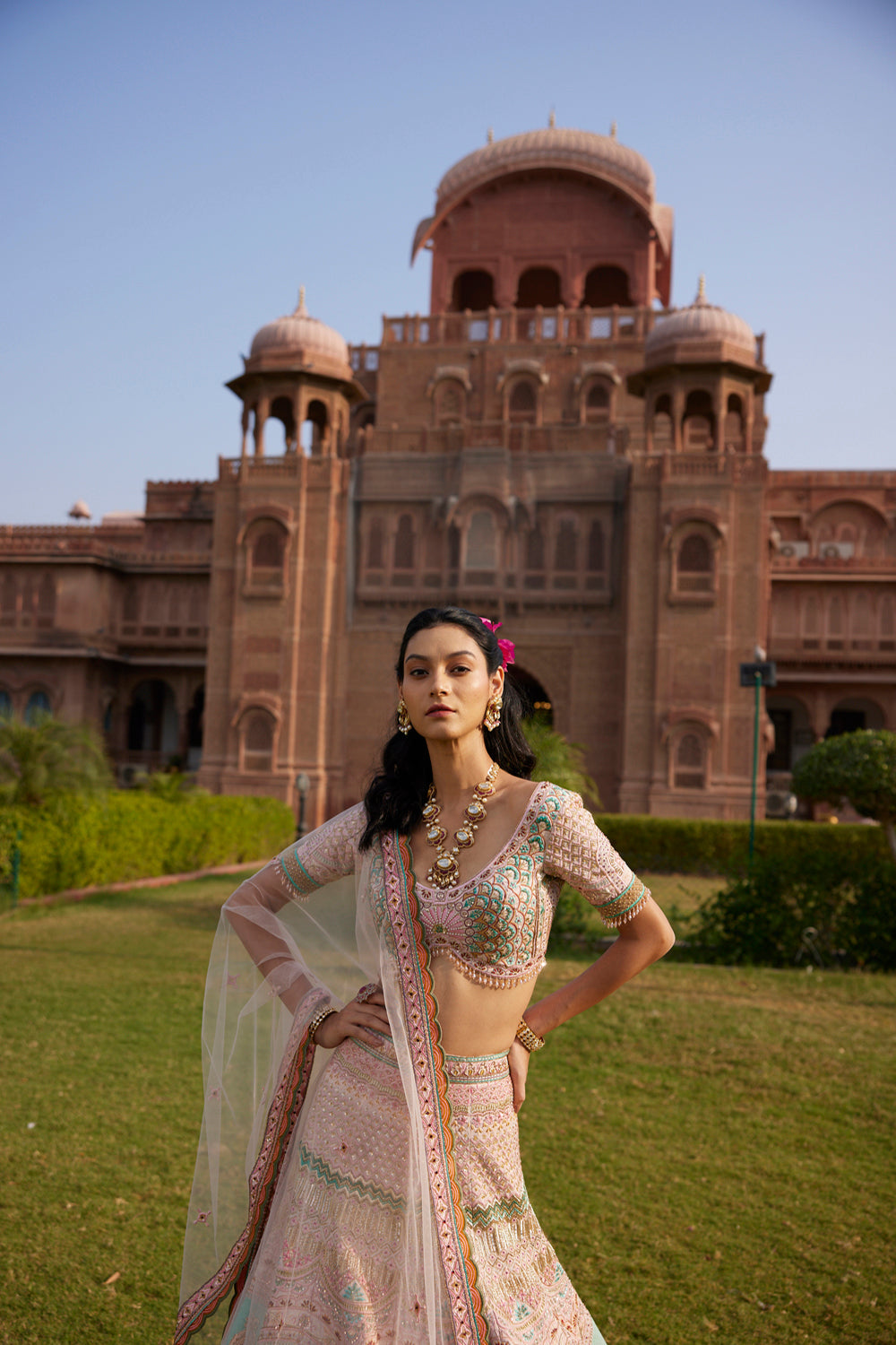 "Meenakari" Pastel Pink And Sea Green Hand Embroidered Lehenga Set