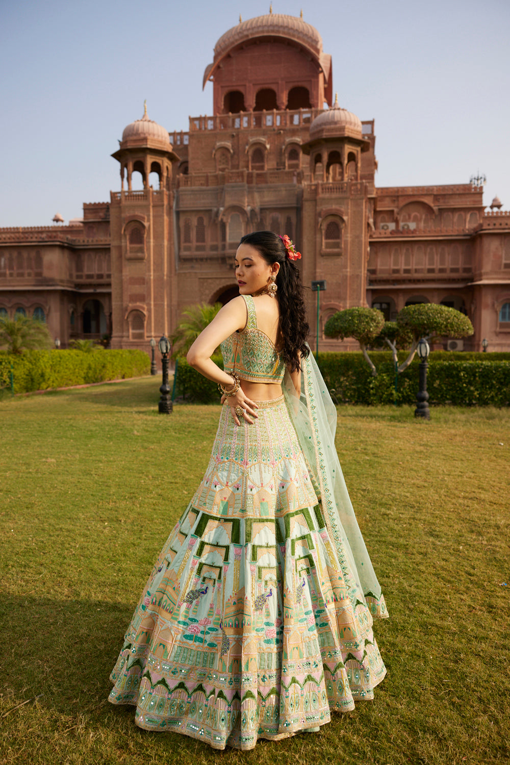 "Morni" Pastel Green Hand Embroidered Peacock Motifs Lehenga Set